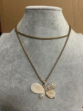 Gold Butterfly Pendant Necklace with Cream and Rhinestone Accents